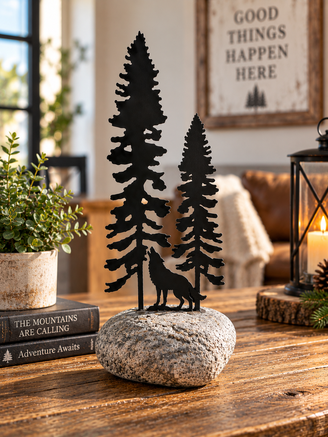 Double Pine Tree in a Rock with Animal Wolf - MD Metalworx