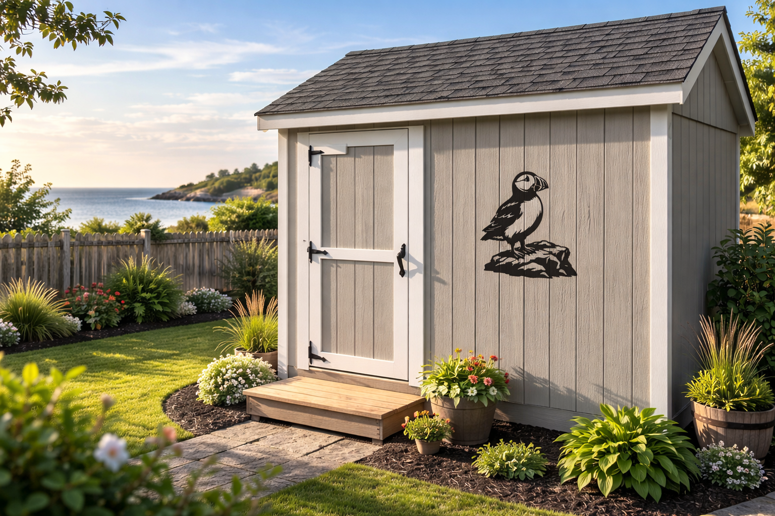 Atlantic puffin metal wall art perched on coastal rock, high-contrast steel silhouette design