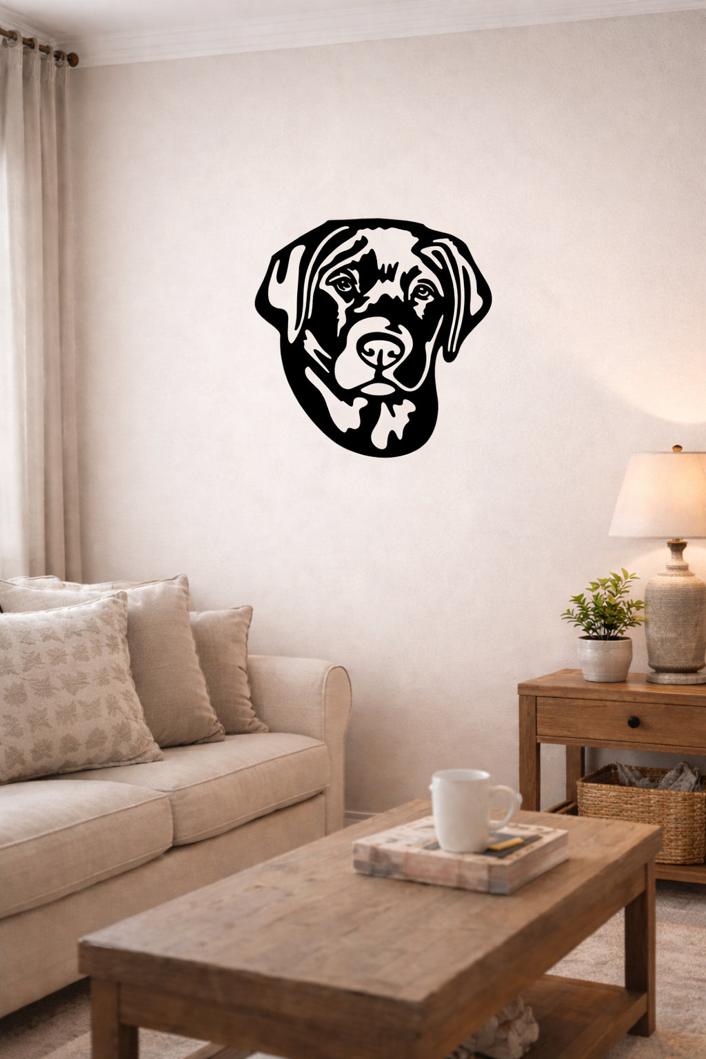 Living room with a dog wall decal on the wall
