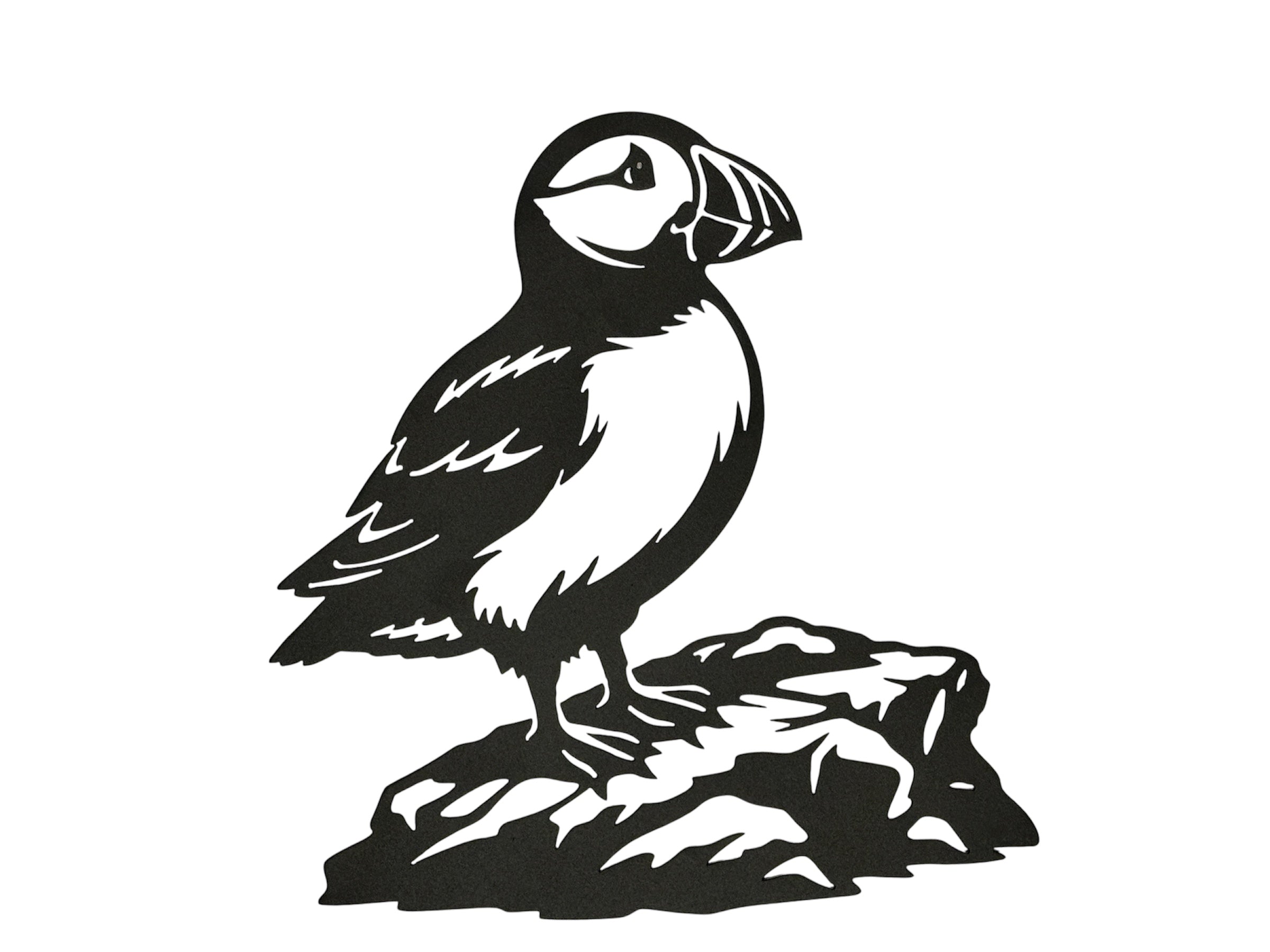 Atlantic puffin metal wall art perched on coastal rock, high-contrast steel silhouette design