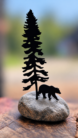 Single Pine Tree in a Rock with Animal Bear - MD Metalworx