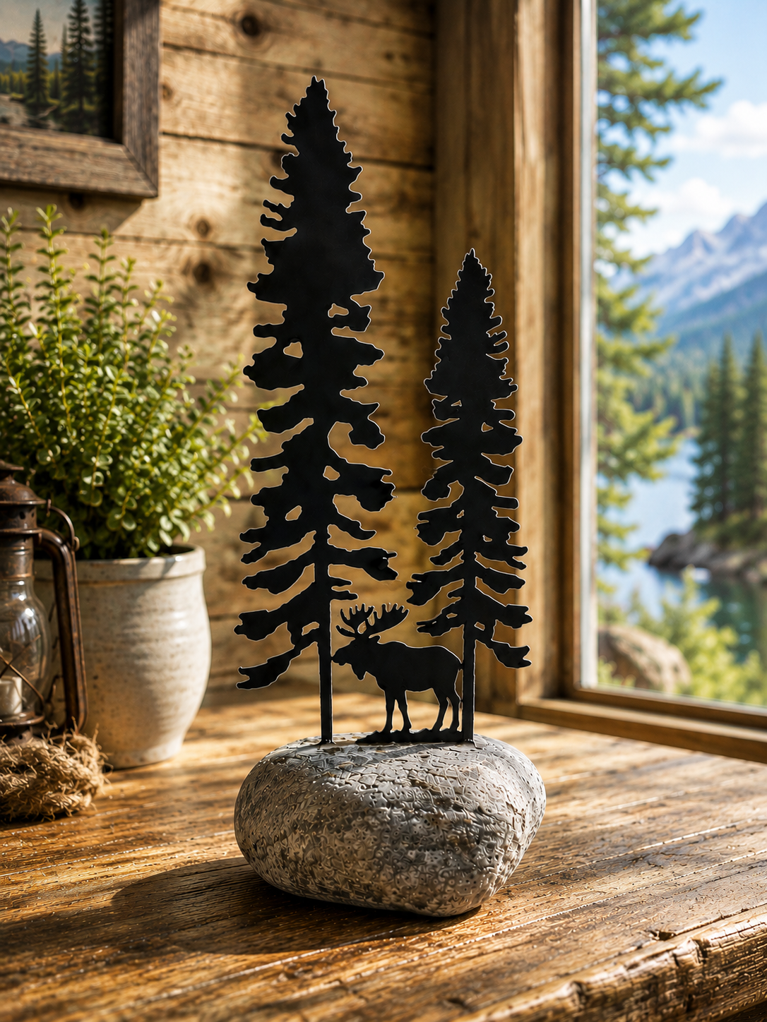 Double Pine Tree in a Rock with Animal Moose - MD Metalworx