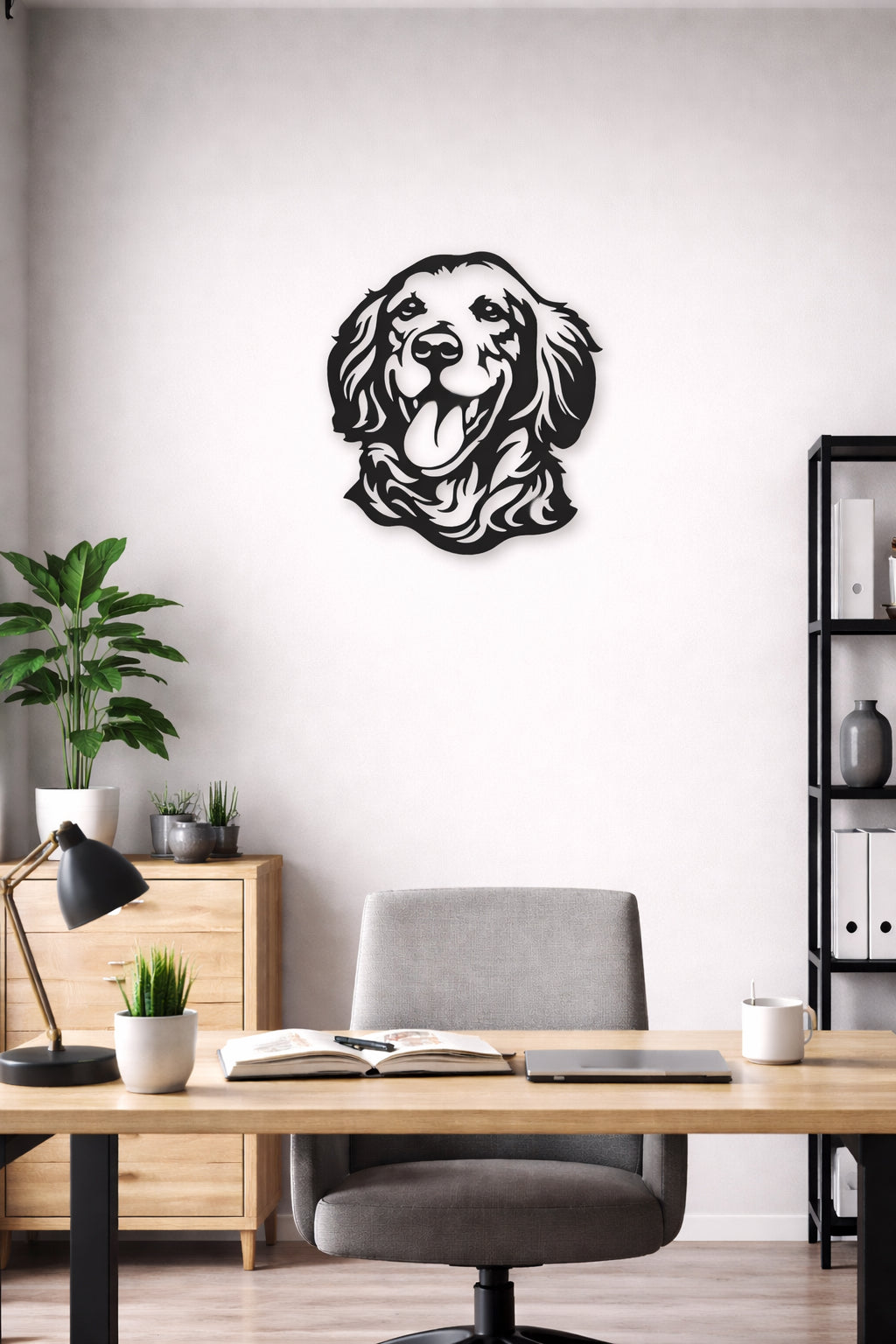 Decorative metal wall art of a dog's head on a wall above a desk in an office setting.