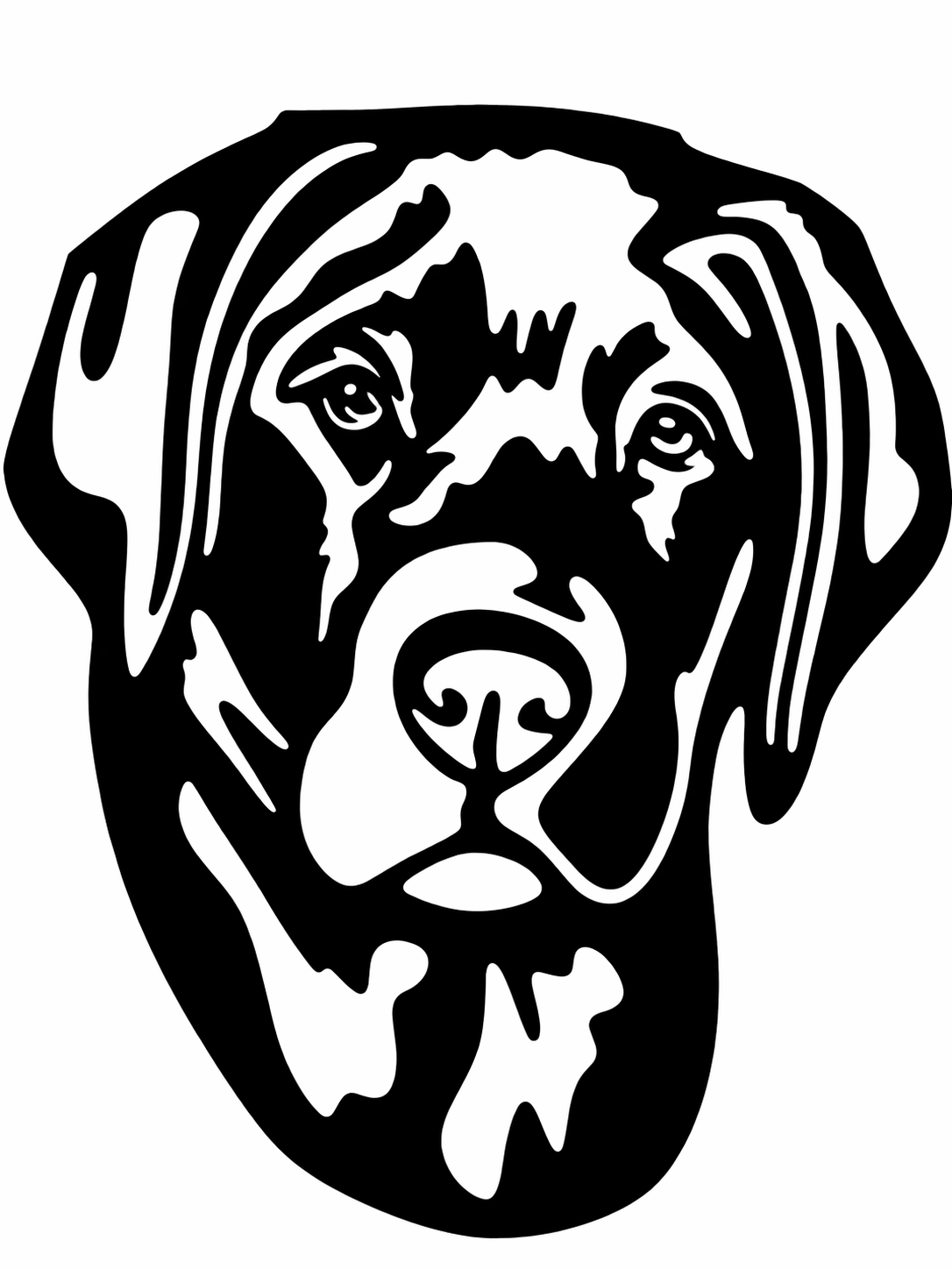 Black and white illustration of a dog's head on a white background