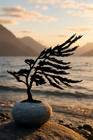 Seaweed on a rock with a sunset over water and mountains in the background