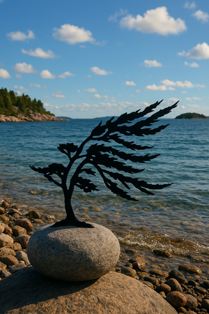 Decorative metal tree sculpture on a rock by a body of water with trees and sky in the background.